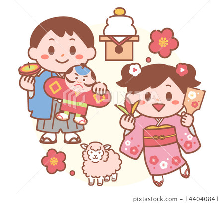 一幅描繪孩子在2027年羊年慶祝新年的插圖。 144040841