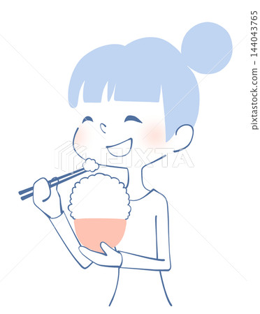 一個女人吃一大份米飯的插圖 一個女人吃一大份米飯的插圖 144043765
