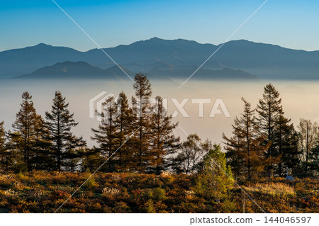 The Okuchichibu mountain range floating in a sea of clouds from Mount Amari in the morning. 144046597