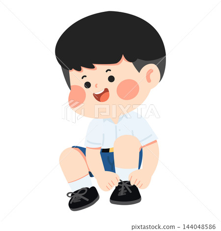 Cute boy student in school uniform tying his black shoelaces Cute boy student in school uniform tying his black shoelaces 144048586