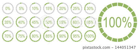 Percentage infographics elements. Round diagrams icons for infographics from 0 to 100 percent. Green, grey color fill pie charts indicator template set. Circle flat graph loading progress layouts. Percentage infographics elements. Round diagrams icons for infographics from 0 to 100 percent. Green, grey color fill pie charts indicator template set. Circle flat graph loading progress layouts. 144051347