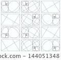 Golden ratio black frames. Fibonacci array, numbers layout. Harmony proportions grid. Method golden section shape. Outline graphic illustration. 144051348