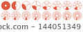Wheel life round divided red flat diagrams segments. Circle division on from 1 to 16 equal parts. Blank infographic progress icons. Coaching simple tool. Segmented pinwheels layouts. 144051349