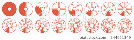 Wheel life round divided red flat diagrams segments. Circle division on from 1 to 16 equal parts. Blank infographic progress icons. Coaching simple tool. Segmented pinwheels layouts. 144051349