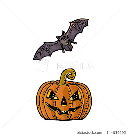 Halloween pumpkin with scary face. Vector vintage engraving illustration. 144054693