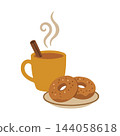 Cozy Thanksgiving hot drink in an orange mug with a cinnamon stick and apple cider donuts on a plate. Isolated autumn breakfast. Use for holiday cafe menus, greeting cards, baking blogs. Cozy Thanksgiving hot drink in an orange mug with a cinnamon stick and apple cider donuts on a plate. Isolated autumn breakfast. Use for holiday cafe menus, greeting cards, baking blogs. 144058618