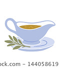 Traditional Thanksgiving gravy in a ceramic boat with a fresh herb branch. Isolated festive autumn dinner element. Use for holiday menu designs, invitations, family feast decor. Traditional Thanksgiving gravy in a ceramic boat with a fresh herb branch. Isolated festive autumn dinner element. Use for holiday menu designs, invitations, family feast decor. 144058619