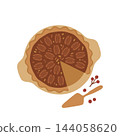 Traditional Thanksgiving pecan pie with a missing slice, cake server, and autumn berries. Isolated festive baking clip art. Use for holiday menus, dinner invitations, seasonal recipes. Traditional Thanksgiving pecan pie with a missing slice, cake server, and autumn berries. Isolated festive baking clip art. Use for holiday menus, dinner invitations, seasonal recipes. 144058620