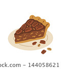 A slice of traditional Thanksgiving pecan pie served on a plate with scattered nuts. Isolated autumn dessert clipart. Use for holiday menu designs, festive invitations, baking blogs. A slice of traditional Thanksgiving pecan pie served on a plate with scattered nuts. Isolated autumn dessert clipart. Use for holiday menu designs, festive invitations, baking blogs. 144058621