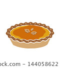 Traditional Thanksgiving pumpkin pie decorated with pastry leaves. Isolated autumn baking clipart on a white background. Use for holiday menu designs, dinner invitations, sweet recipes. Traditional Thanksgiving pumpkin pie decorated with pastry leaves. Isolated autumn baking clipart on a white background. Use for holiday menu designs, dinner invitations, sweet recipes. 144058622