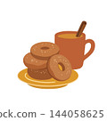 Cozy Thanksgiving apple cider donuts with cinnamon sugar, hot drink mug, and autumn spices. Isolated festive breakfast element. Use for coffee shop menus, greeting cards, fall decor. Cozy Thanksgiving apple cider donuts with cinnamon sugar, hot drink mug, and autumn spices. Isolated festive breakfast element. Use for coffee shop menus, greeting cards, fall decor. 144058625