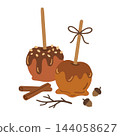 Delicious Thanksgiving caramel and candy apples on sticks with nuts, cinnamon and acorns. Isolated autumn dessert. Use for harvest festival designs, greeting cards, holiday menus. Delicious Thanksgiving caramel and candy apples on sticks with nuts, cinnamon and acorns. Isolated autumn dessert. Use for harvest festival designs, greeting cards, holiday menus. 144058627