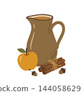 Traditional Thanksgiving apple cider in a clay pitcher with cinnamon sticks, acorns and a yellow apple. Isolated autumn harvest drink element. Use for holiday menus, festival designs, greeting cards. Traditional Thanksgiving apple cider in a clay pitcher with cinnamon sticks, acorns and a yellow apple. Isolated autumn harvest drink element. Use for holiday menus, festival designs, greeting cards. 144058629