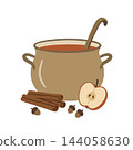 Traditional Thanksgiving hot apple cider in a cozy pot with a ladle, apple slice, cinnamon sticks and acorns. Isolated autumn drink clipart. Use for holiday menu designs, festive web elements. Traditional Thanksgiving hot apple cider in a cozy pot with a ladle, apple slice, cinnamon sticks and acorns. Isolated autumn drink clipart. Use for holiday menu designs, festive web elements. 144058630