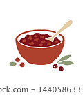 Traditional Thanksgiving cranberry sauce in a ceramic bowl with a wooden spoon and fresh berries. Isolated autumn food element. Use for holiday menu designs, dinner invitations, recipes. Traditional Thanksgiving cranberry sauce in a ceramic bowl with a wooden spoon and fresh berries. Isolated autumn food element. Use for holiday menu designs, dinner invitations, recipes. 144058633