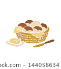 Freshly baked Thanksgiving dinner rolls in a wicker basket with butter and a knife. Isolated festive autumn bread element. Use for holiday menus, dinner invitations, family feast designs. Freshly baked Thanksgiving dinner rolls in a wicker basket with butter and a knife. Isolated festive autumn bread element. Use for holiday menus, dinner invitations, family feast designs. 144058634